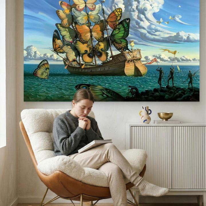 Surrealist Butterfly Ship Glass Wall Art, Dali Style Ocean Sailboat Decor Tempered Glass