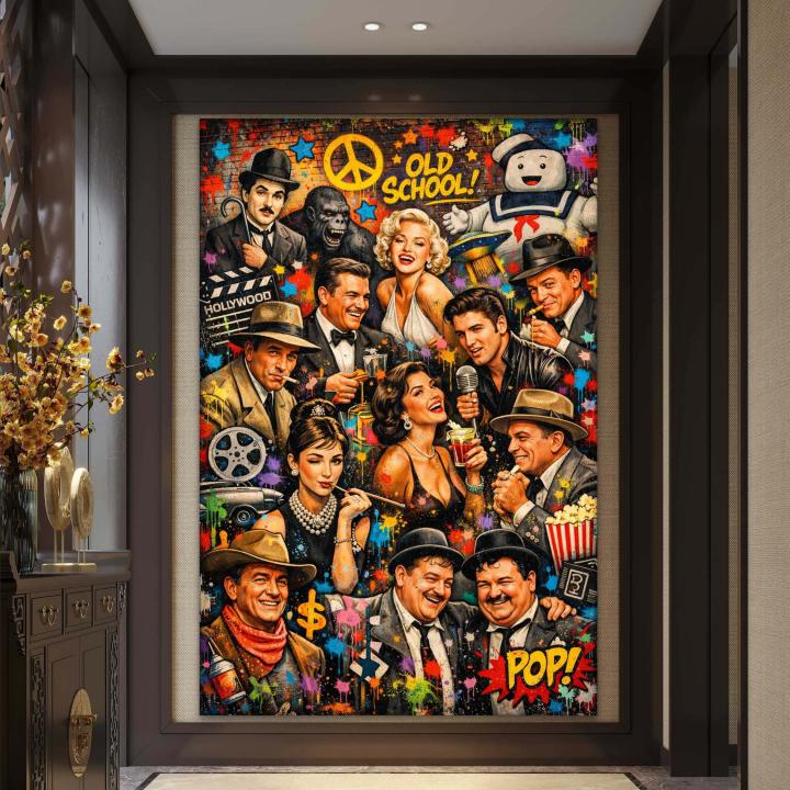 Old School Hollywood Icons Tempered Glass Wall Art,Retro Cinema Glass Print
