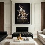 Perseus and Medusa Glass Wall Art, Greek Mythology Statue Print, Gold Accent Luxury Decor