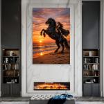 Mystical Woman on Rearing Black Horse Tempered Glass Art, Sunset Beach Fantasy Wall Decor
