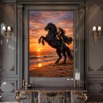 Mystical Woman on Rearing Black Horse Tempered Glass Art, Sunset Beach Fantasy Wall Decor