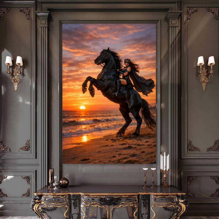 Mystical Woman on Rearing Black Horse Tempered Glass Art, Sunset Beach Fantasy Wall Decor