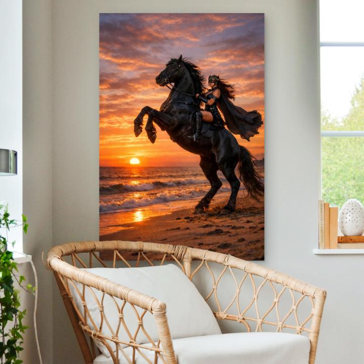 Mystical Woman on Rearing Black Horse Tempered Glass Art, Sunset Beach Fantasy Wall Decor