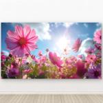 Pink Cosmos Flowers Glass Wall Art, Wildflower Meadow Under Sun, Floral Tempered Glass Print