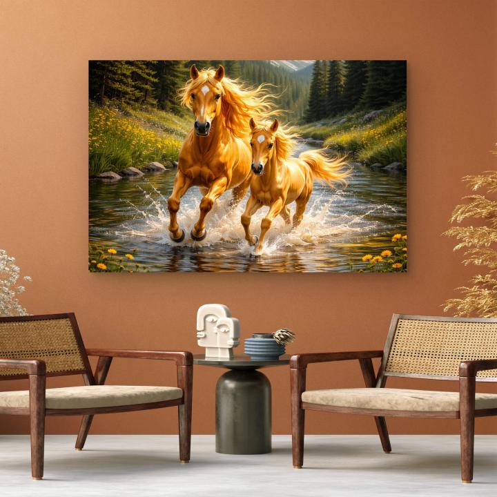 Golden Running Horses Tempered Glass Wall Art, Nature Wildlife Decor
