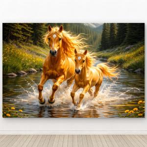 Golden Running Horses Tempered Glass Wall Art, Nature Wildlife Decor