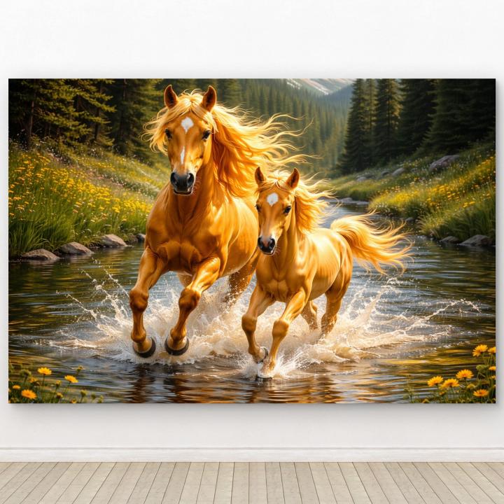 Golden Running Horses Tempered Glass Wall Art, Nature Wildlife Decor