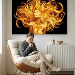 Golden Woman Tempered Glass Wall Art, Luxury Portrait Decor, Black Gold Print