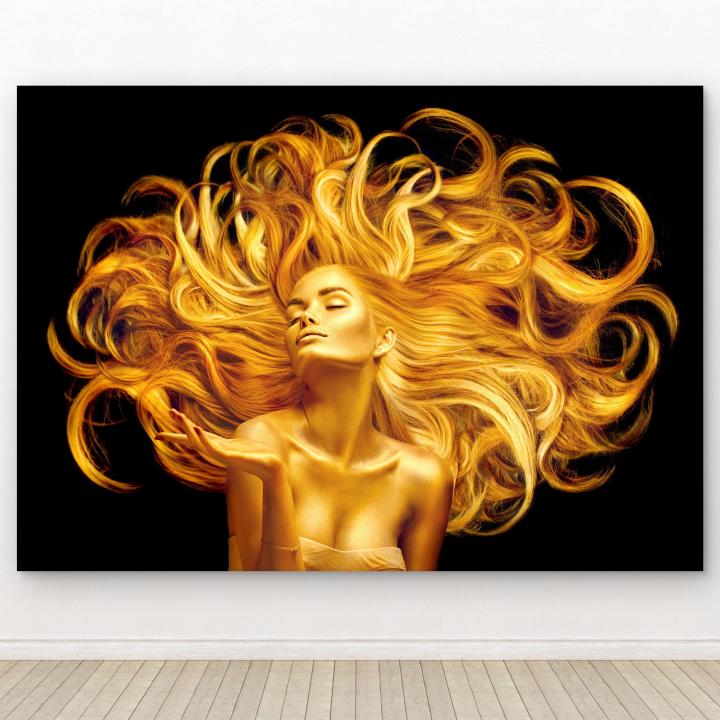 Golden Woman Tempered Glass Wall Art, Luxury Portrait Decor, Black Gold Print