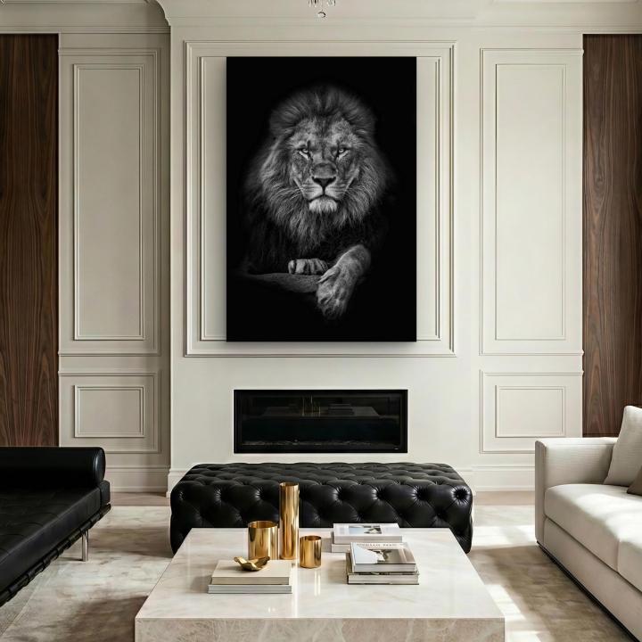 Black and White Lion Portrait Tempered Glass Art, Majestic King Wall Decor