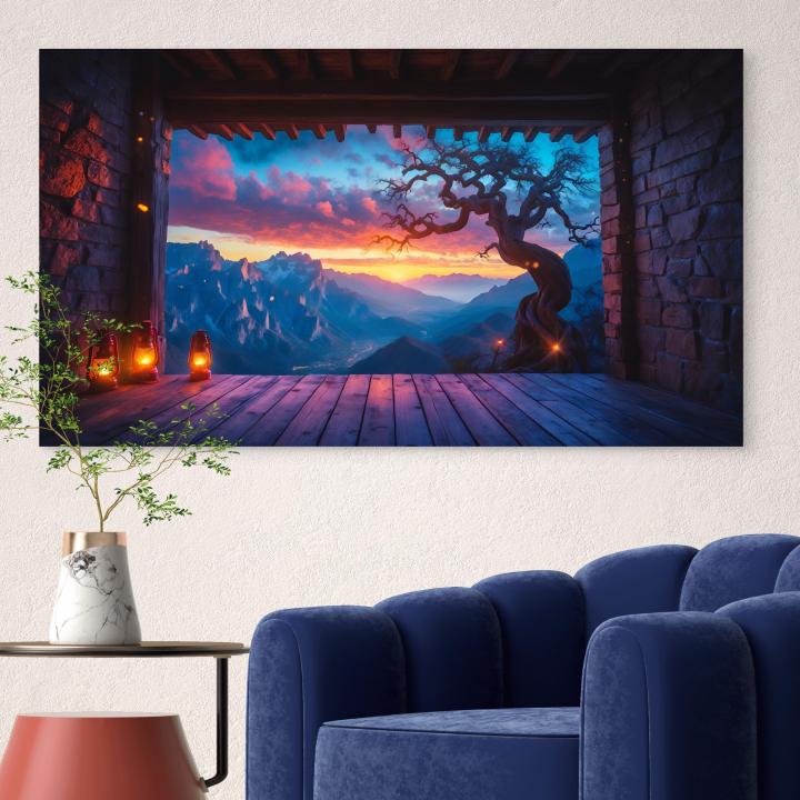 Tempered Glass Wall Art, Sunset Mountain View, Mystic Tree Landscape, Large Glass Printing