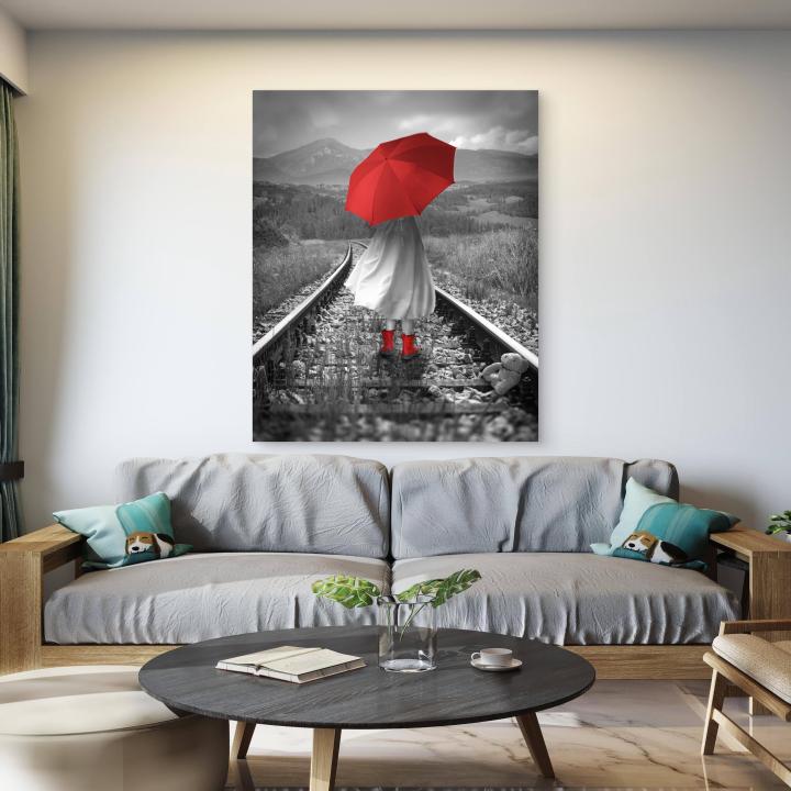 Red Umbrella Glass Art, Black White Landscape Railway Track Wall Decor