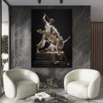 Perseus and Medusa Glass Wall Art, Greek Mythology Statue Print, Gold Accent Luxury Decor
