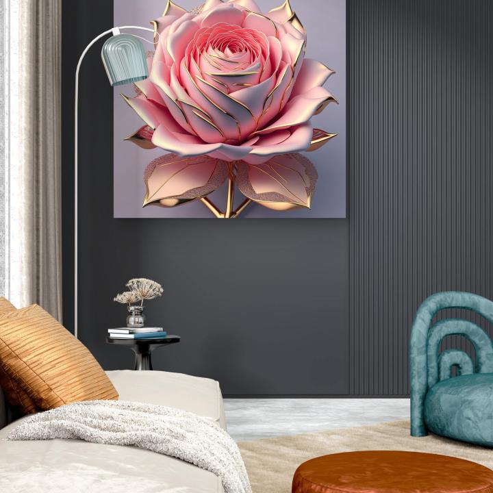 Pink Rose Tempered Glass Wall Art, Gold Trimmed Floral Decor, 3D Effect Hanging
