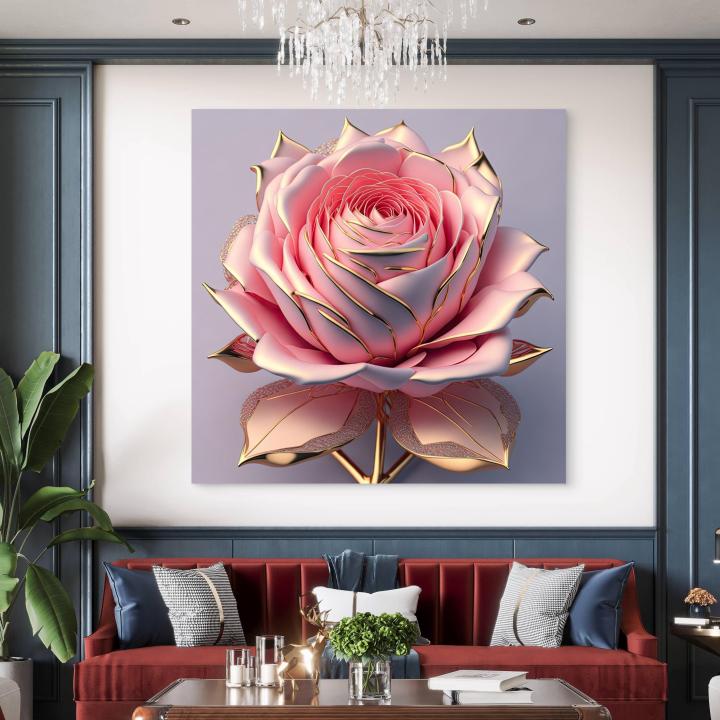 Pink Rose Tempered Glass Wall Art, Gold Trimmed Floral Decor, 3D Effect Hanging