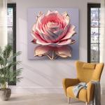 Pink Rose Tempered Glass Wall Art, Gold Trimmed Floral Decor, 3D Effect Hanging