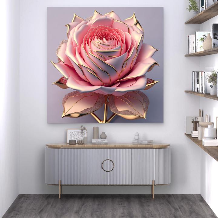 Pink Rose Tempered Glass Wall Art, Gold Trimmed Floral Decor, 3D Effect Hanging