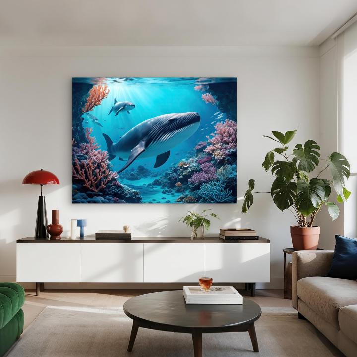 Humpback Whale Tempered Glass Art, Ocean Reef Coral Scene, Majestic Sea Life Decor