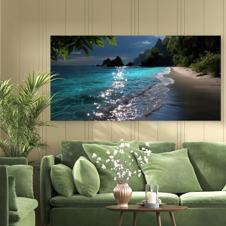 Panoramic Glass Wall Art, Serene Beach Paradise Island Decor
