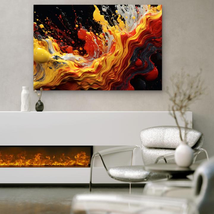 Abstract Fluid Paint Splash Tempered Glass Wall Art, Vibrant Yellow Red Liquid Decor