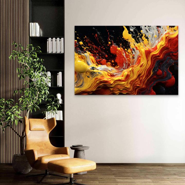 Abstract Fluid Paint Splash Tempered Glass Wall Art, Vibrant Yellow Red Liquid Decor