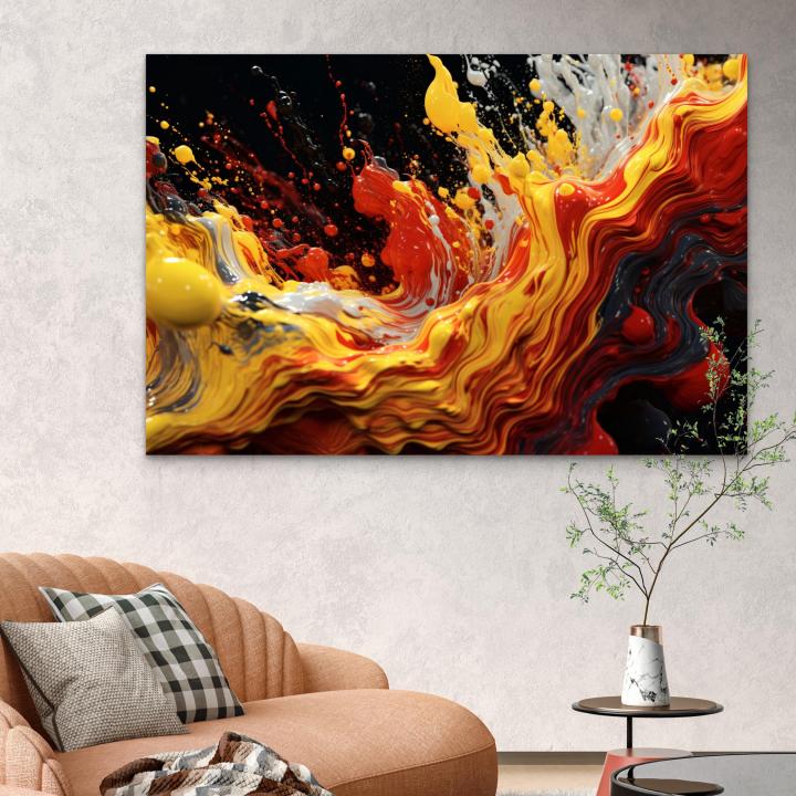 Abstract Fluid Paint Splash Tempered Glass Wall Art, Vibrant Yellow Red Liquid Decor