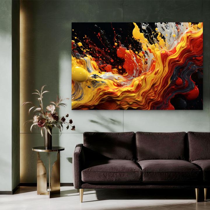 Abstract Fluid Paint Splash Tempered Glass Wall Art, Vibrant Yellow Red Liquid Decor