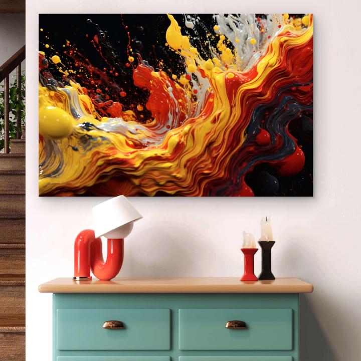Abstract Fluid Paint Splash Tempered Glass Wall Art, Vibrant Yellow Red Liquid Decor