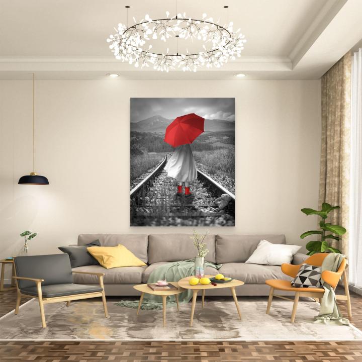 Red Umbrella Glass Art, Black White Landscape Railway Track Wall Decor