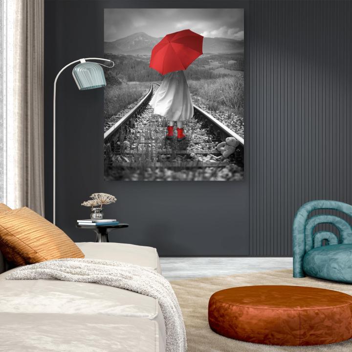 Red Umbrella Glass Art, Black White Landscape Railway Track Wall Decor