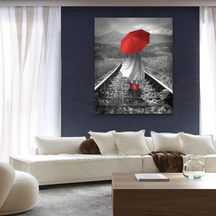 Red Umbrella Glass Art, Black White Landscape Railway Track Wall Decor