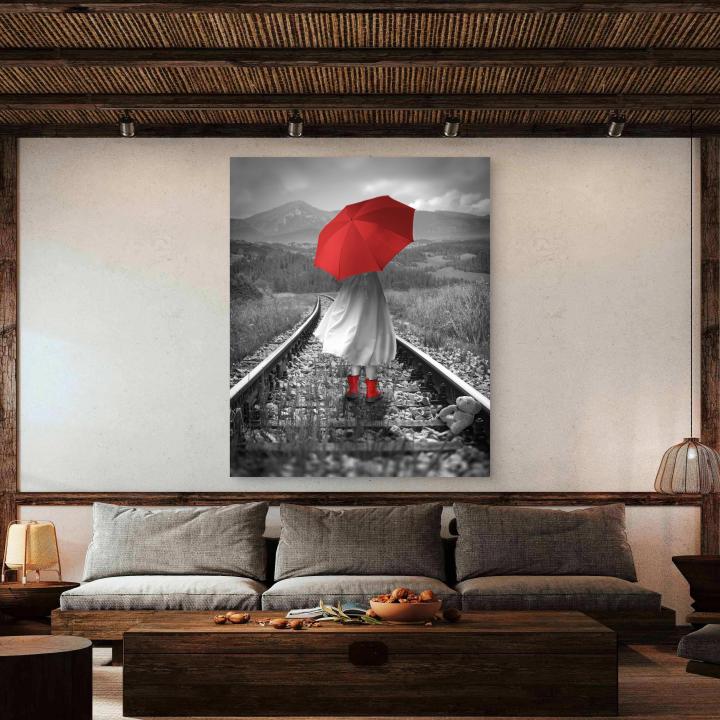 Red Umbrella Glass Art, Black White Landscape Railway Track Wall Decor