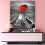 Red Umbrella Glass Art, Black White Landscape Railway Track Wall Decor