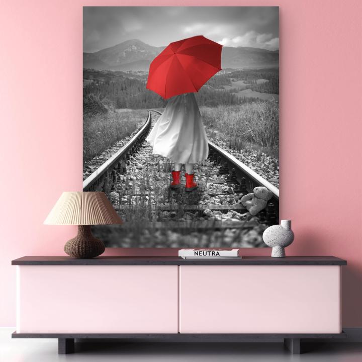 Red Umbrella Glass Art, Black White Landscape Railway Track Wall Decor