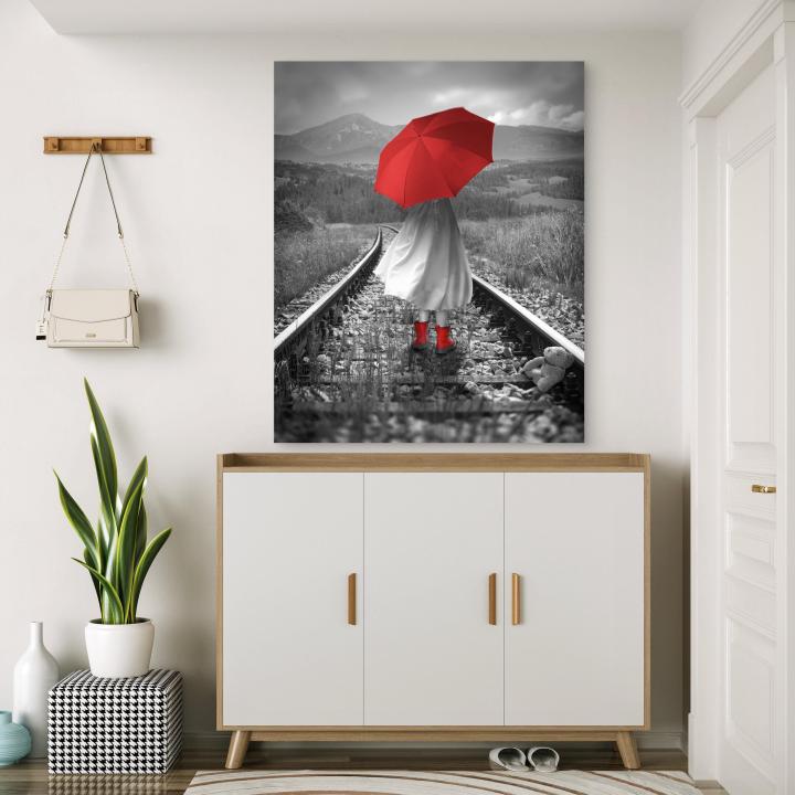 Red Umbrella Glass Art, Black White Landscape Railway Track Wall Decor