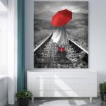 Red Umbrella Glass Art, Black White Landscape Railway Track Wall Decor
