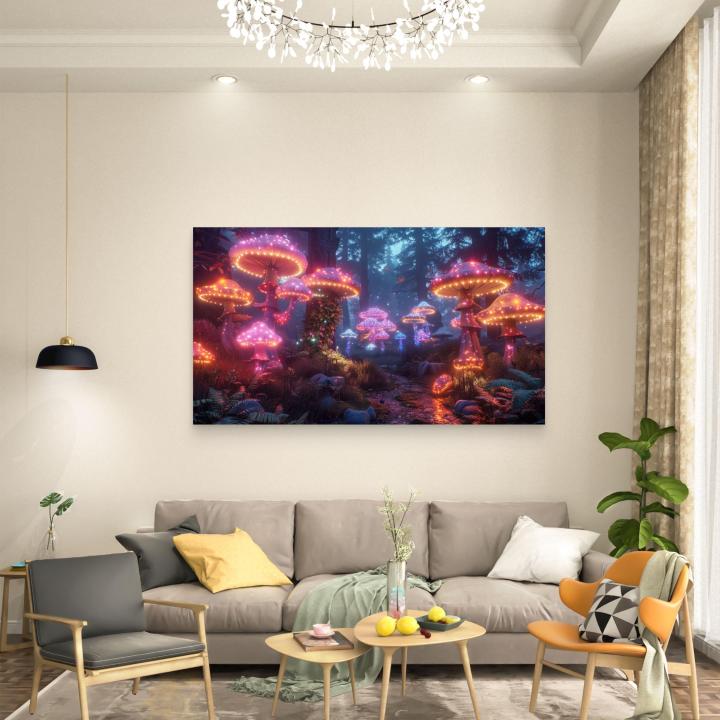 Illuminated Mushroom Forest Tempered Glass Wall Art, Bioluminescent Fairytale Home Decor