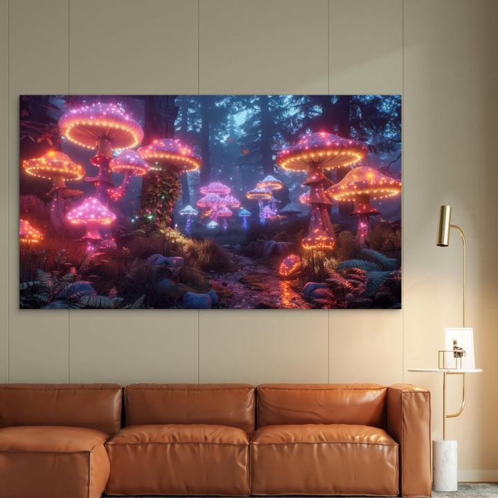 Illuminated Mushroom Forest Tempered Glass Wall Art, Bioluminescent Fairytale Home Decor