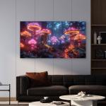 Illuminated Mushroom Forest Tempered Glass Wall Art, Bioluminescent Fairytale Home Decor