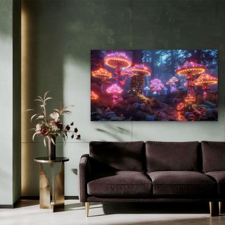 Illuminated Mushroom Forest Tempered Glass Wall Art, Bioluminescent Fairytale Home Decor