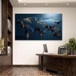 Modern World Map Tempered Glass Wall Art, Blue Gold Futuristic Decor