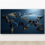 Modern World Map Tempered Glass Wall Art, Blue Gold Futuristic Decor