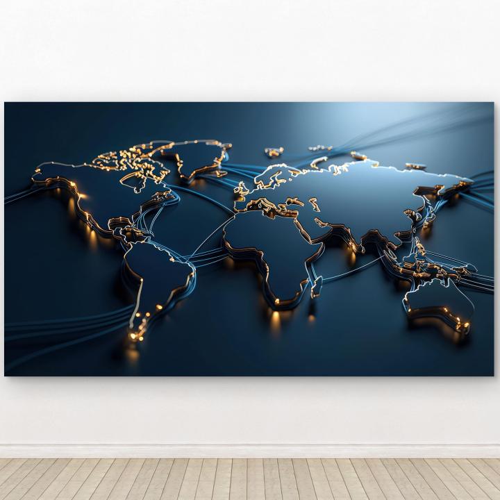 Modern World Map Tempered Glass Wall Art, Blue Gold Futuristic Decor