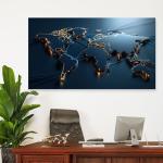 Modern World Map Tempered Glass Wall Art, Blue Gold Futuristic Decor