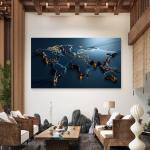 Modern World Map Tempered Glass Wall Art, Blue Gold Futuristic Decor