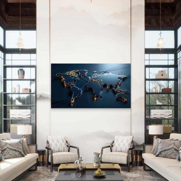 Modern World Map Tempered Glass Wall Art, Blue Gold Futuristic Decor