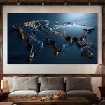 Modern World Map Tempered Glass Wall Art, Blue Gold Futuristic Decor
