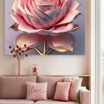 Pink Rose Tempered Glass Wall Art, Gold Trimmed Floral Decor, 3D Effect Hanging