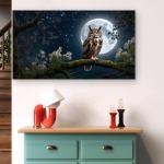 Horned Owl Full Moon Tempered Glass Wall Art, Night Landscape Decor