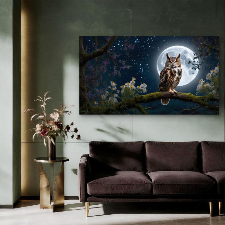 Horned Owl Full Moon Tempered Glass Wall Art, Night Landscape Decor